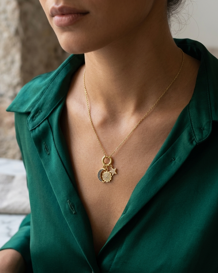 Gold Celestial Charm Necklace (Moon, Star & Sun Pendant)