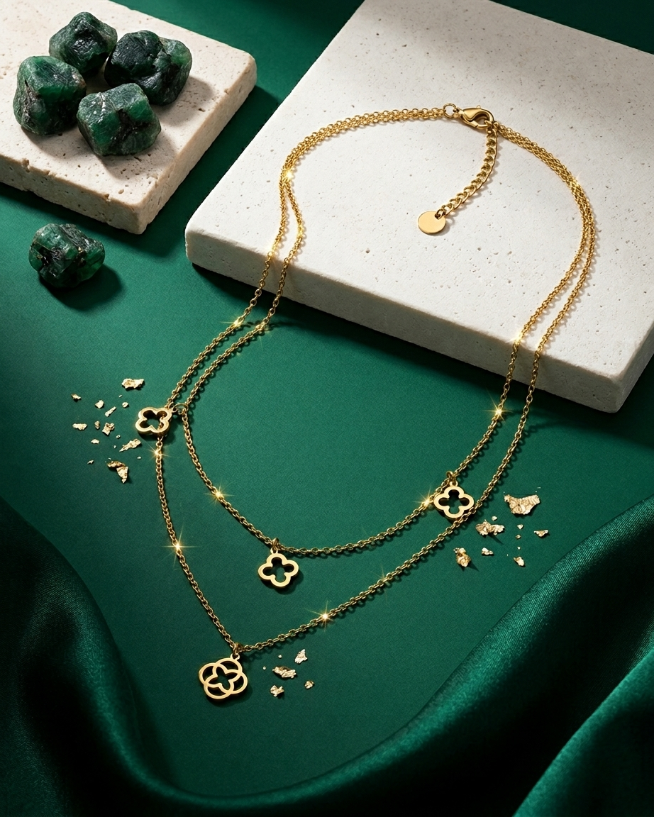 Elegance Clover Dual-Layer Pendant Necklace – Gold Finish