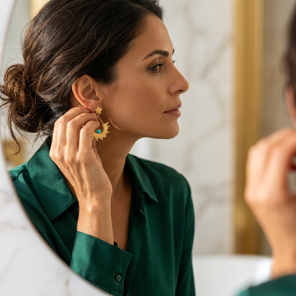 Gold Star Sunburst Drop Earrings with Turquoise Stone - Stainless Steel 316L