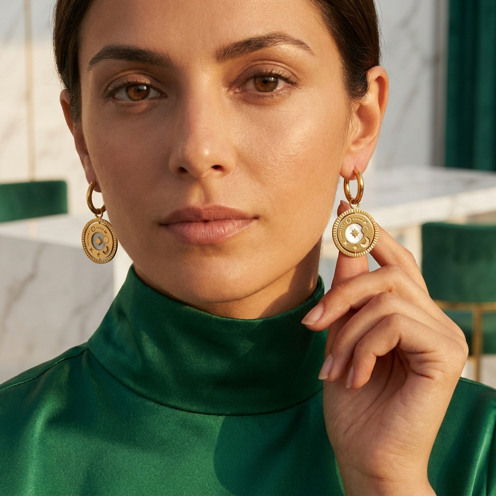 Gold Celestial Coin Medallion Drop Earrings with Mother-of-Pearl - Stainless Steel 316L