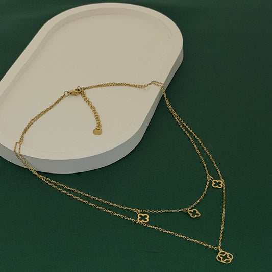 Elegance Clover Dual-Layer Pendant Necklace – Gold Finish