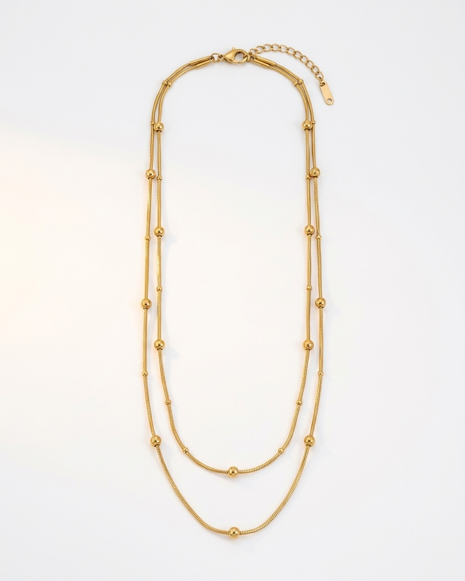Aurelia Dual-Layer Beaded Curve Necklace – Gold Finish