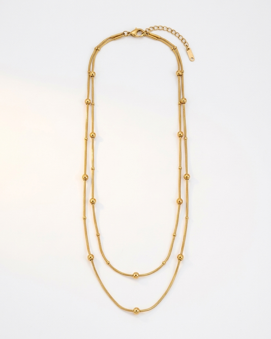Aurelia Dual-Layer Beaded Curve Necklace – Gold Finish