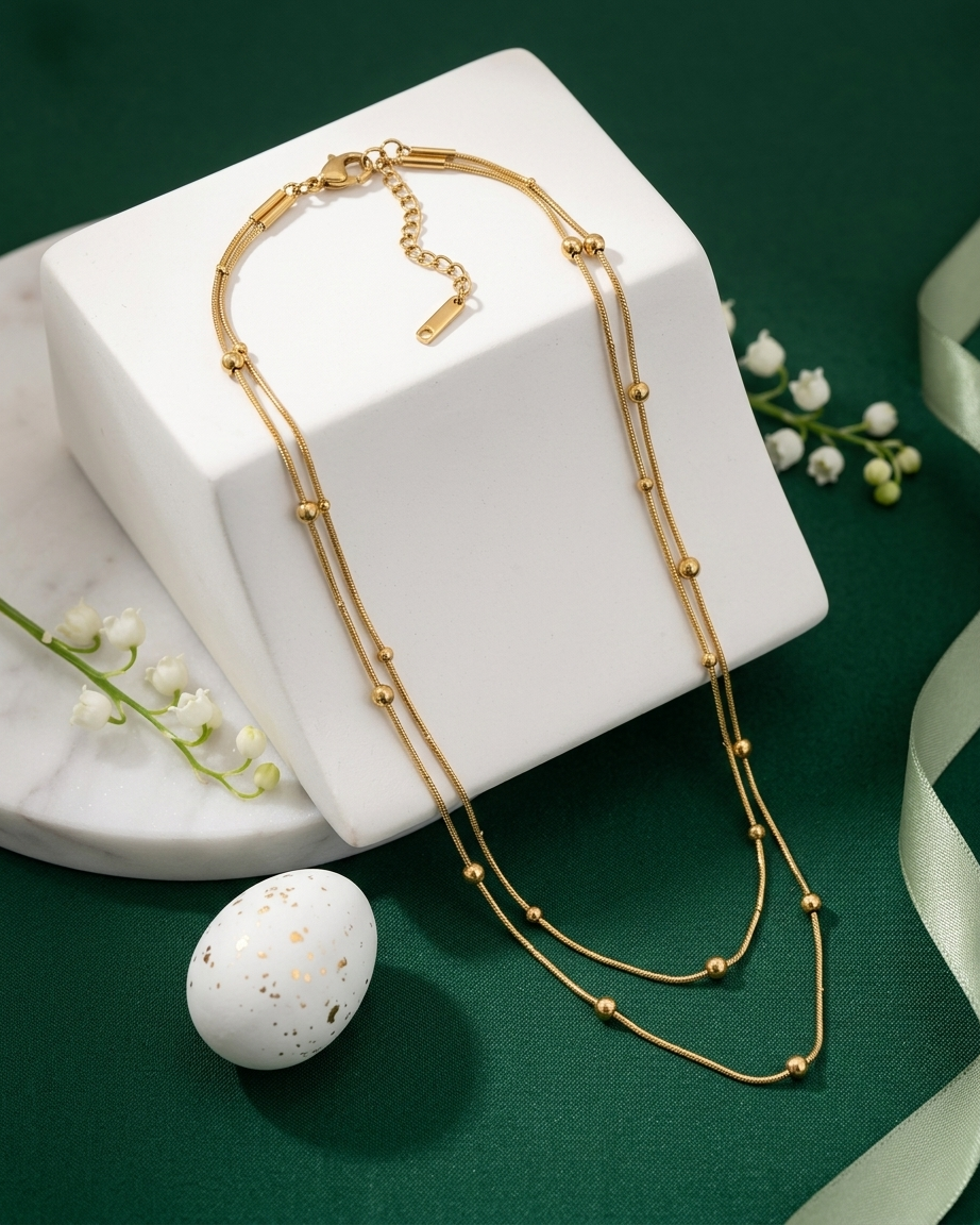 Aurelia Dual-Layer Beaded Curve Necklace – Gold Finish