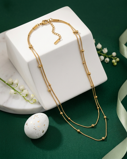 Aurelia Dual-Layer Beaded Curve Necklace – Gold Finish