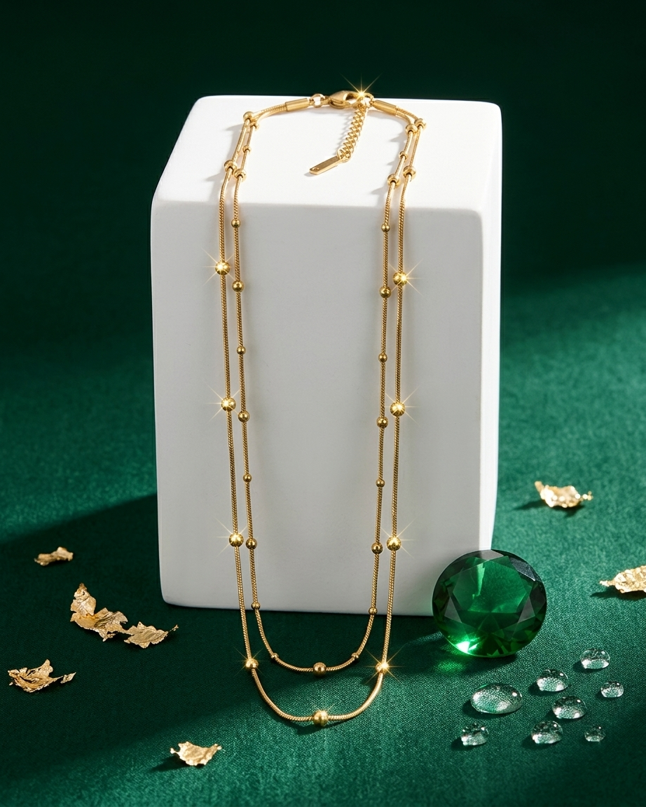 Aurelia Dual-Layer Beaded Curve Necklace – Gold Finish