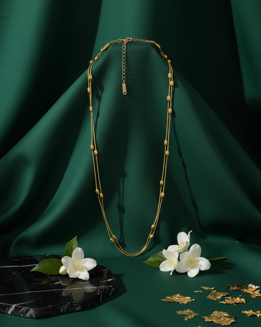 Golden Dual Strand Beaded Elegance Necklace