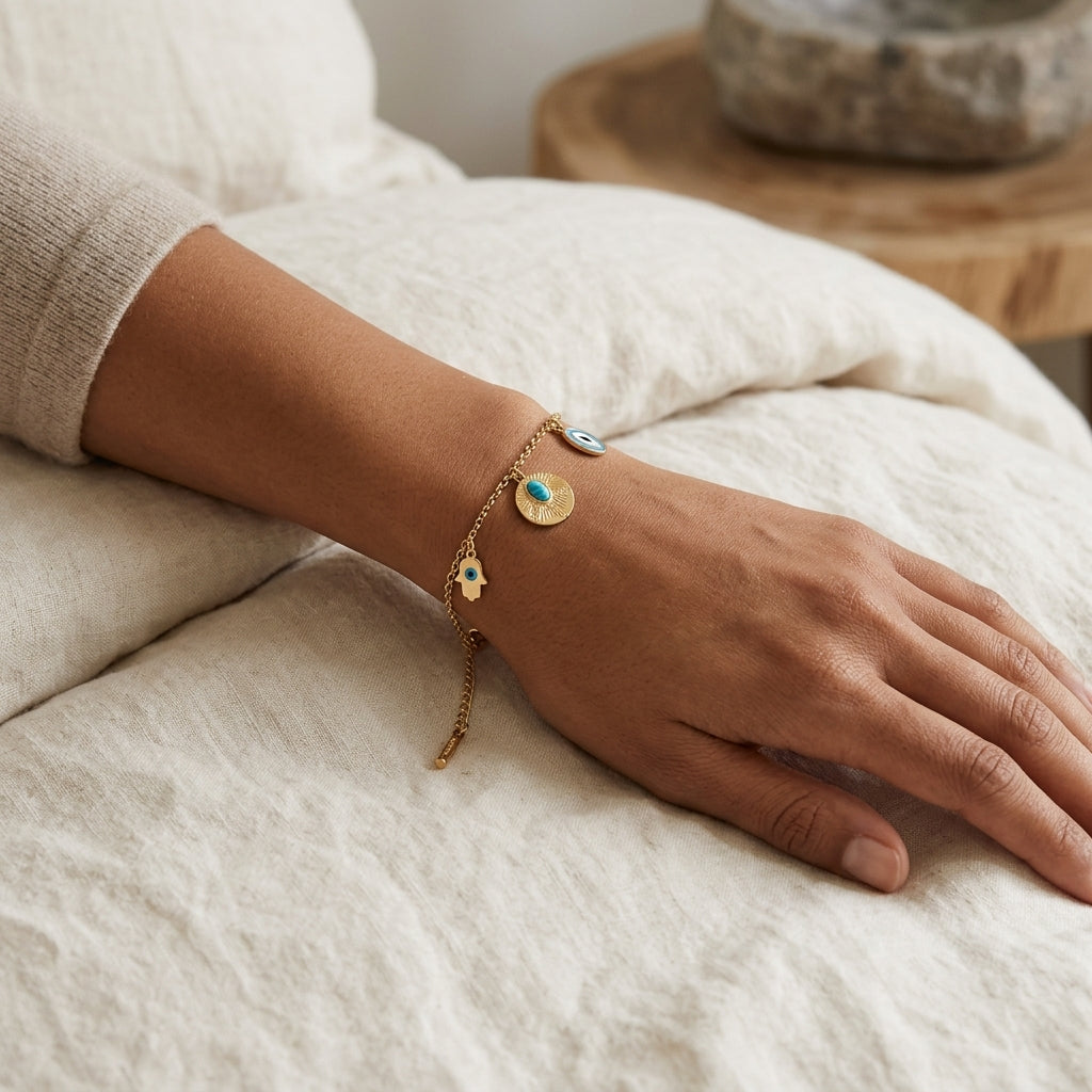 Gold Evil Eye & Hamsa Charm Bracelet
