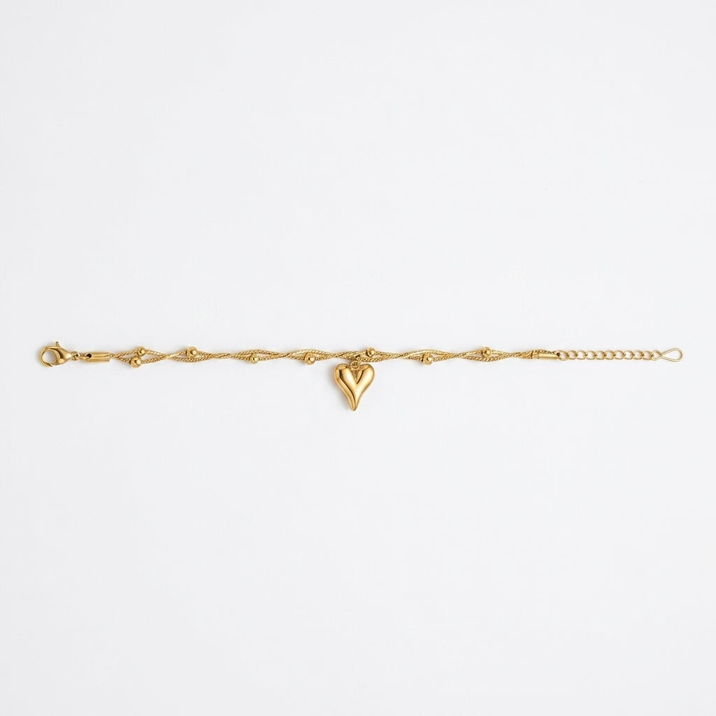 Gold Puffed Heart Charm Bracelet