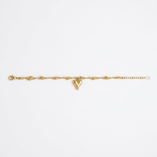 Gold Puffed Heart Charm Bracelet