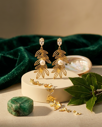 Verdant Pearl Leaf Earrings