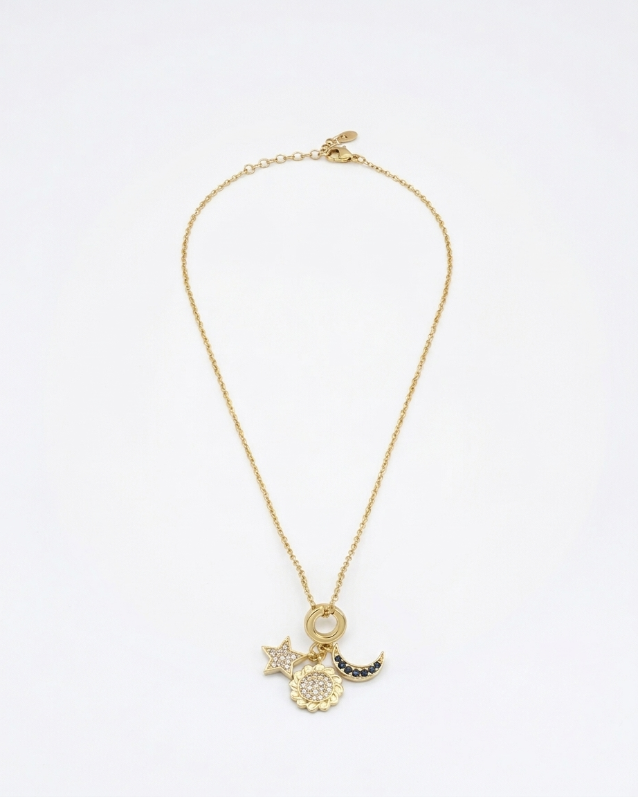 Gold Celestial Charm Necklace (Moon, Star & Sun Pendant)