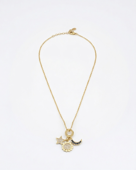 Gold Celestial Charm Necklace (Moon, Star & Sun Pendant)