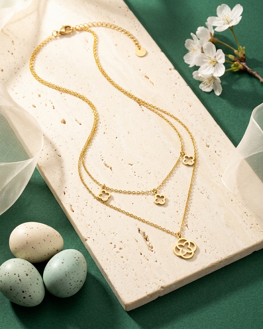 Elegance Clover Dual-Layer Pendant Necklace – Gold Finish