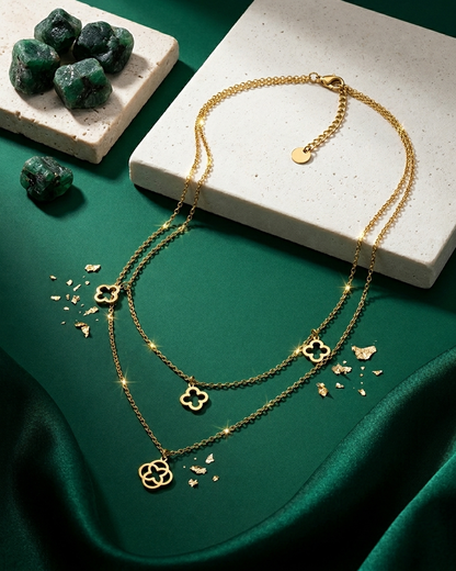 Elegance Clover Dual-Layer Pendant Necklace – Gold Finish