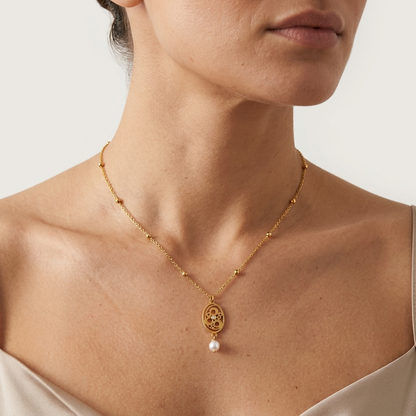 Gold Filigree Pendant Necklace with Pearl Drop - Stainless Steel 316L