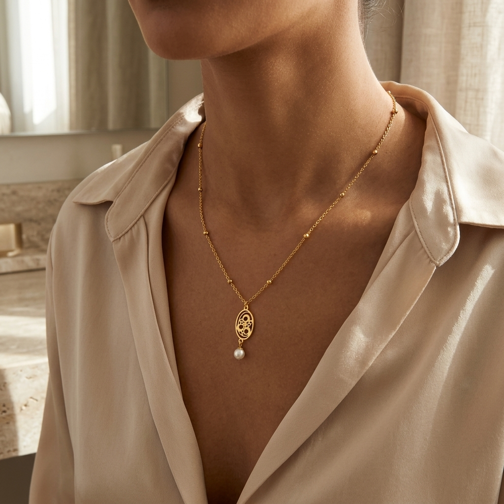 Gold Filigree Pendant Necklace with Pearl Drop - Stainless Steel 316L