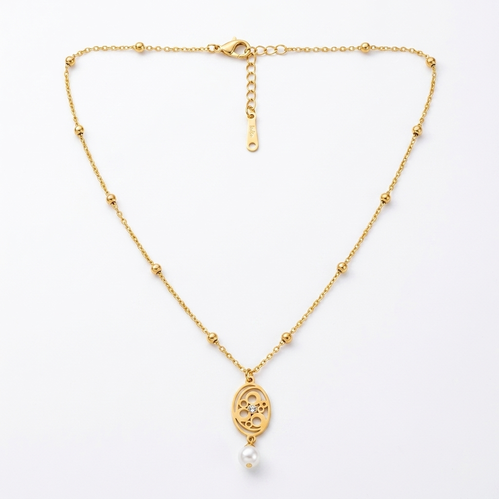 Gold Filigree Pendant Necklace with Pearl Drop - Stainless Steel 316L