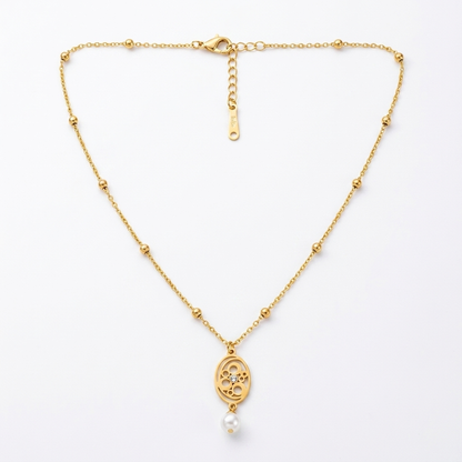 Gold Filigree Pendant Necklace with Pearl Drop - Stainless Steel 316L