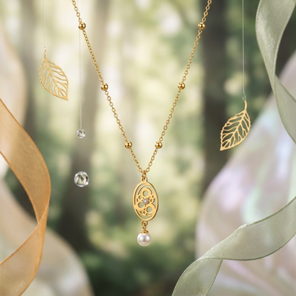 Gold Filigree Pendant Necklace with Pearl Drop - Stainless Steel 316L