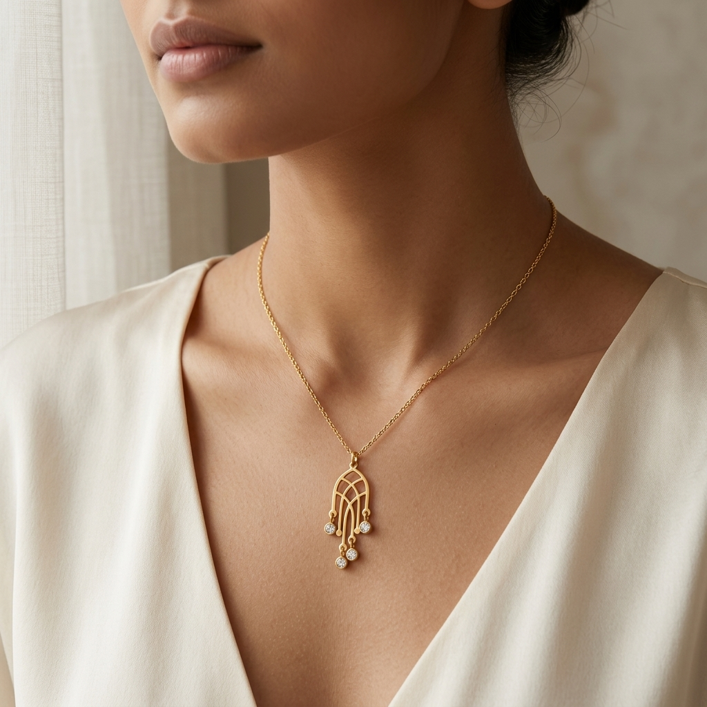 Gold Art Deco Fan Pendant Necklace with Crystal Drops - Stainless Steel 316L