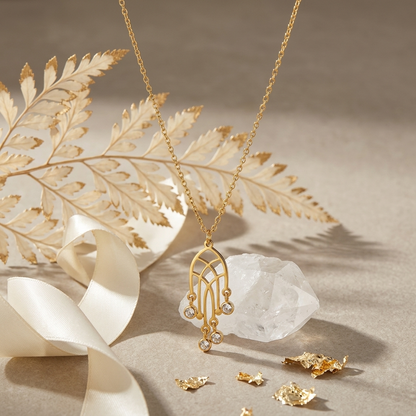 Gold Art Deco Fan Pendant Necklace with Crystal Drops - Stainless Steel 316L