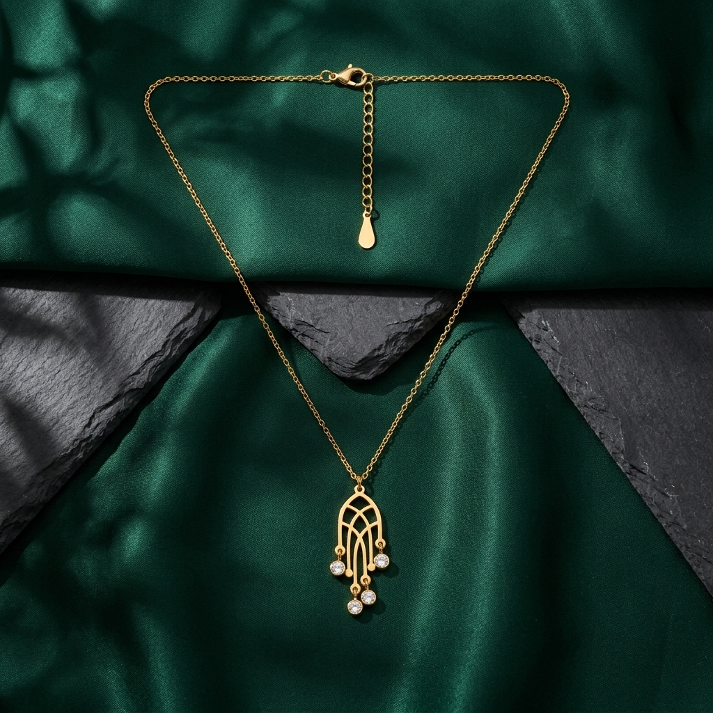 Gold Art Deco Fan Pendant Necklace with Crystal Drops - Stainless Steel 316L