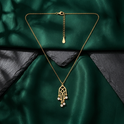 Gold Art Deco Fan Pendant Necklace with Crystal Drops - Stainless Steel 316L