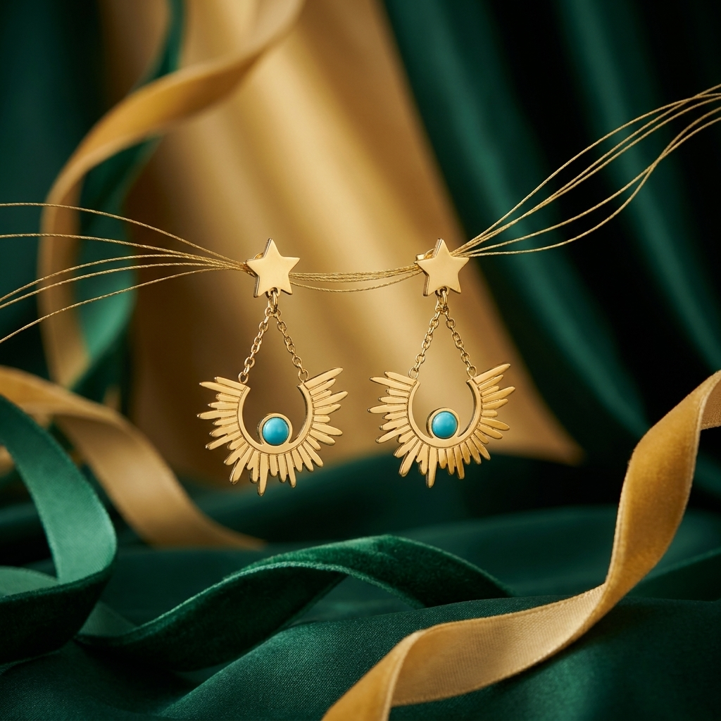Gold Star Sunburst Drop Earrings with Turquoise Stone - Stainless Steel 316L
