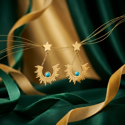 Gold Star Sunburst Drop Earrings with Turquoise Stone - Stainless Steel 316L