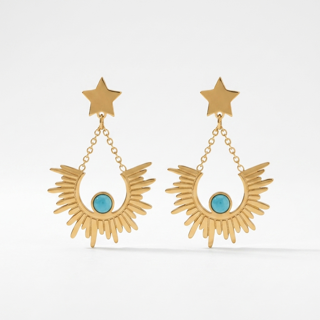 Gold Star Sunburst Drop Earrings with Turquoise Stone - Stainless Steel 316L
