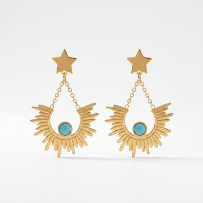 Gold Star Sunburst Drop Earrings with Turquoise Stone - Stainless Steel 316L