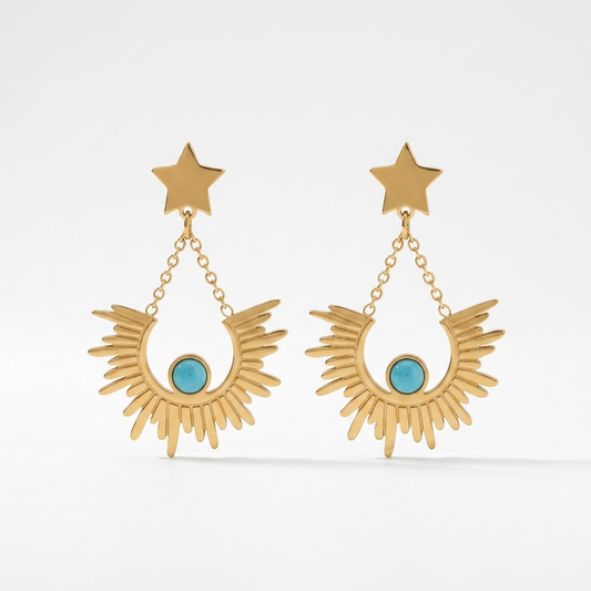 Gold Star Sunburst Drop Earrings with Turquoise Stone - Stainless Steel 316L