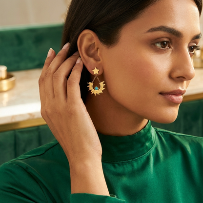 Gold Star Sunburst Drop Earrings with Turquoise Stone - Stainless Steel 316L