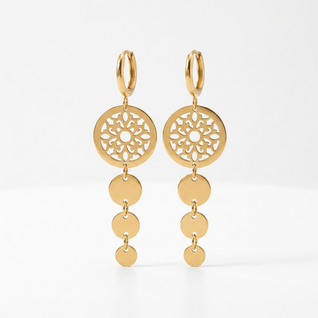 Gold Mandala Medallion Cascading Disc Drop Earrings - Stainless Steel 316L