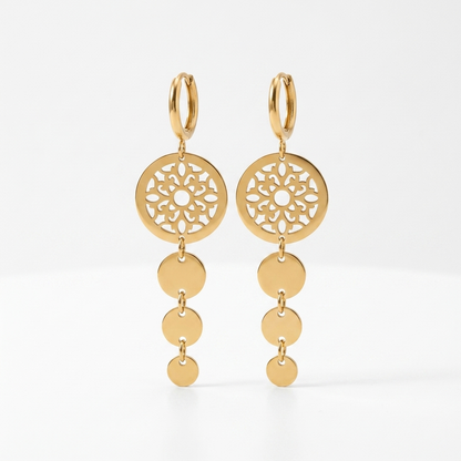 Gold Mandala Medallion Cascading Disc Drop Earrings - Stainless Steel 316L