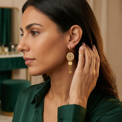 Gold Mandala Medallion Cascading Disc Drop Earrings - Stainless Steel 316L