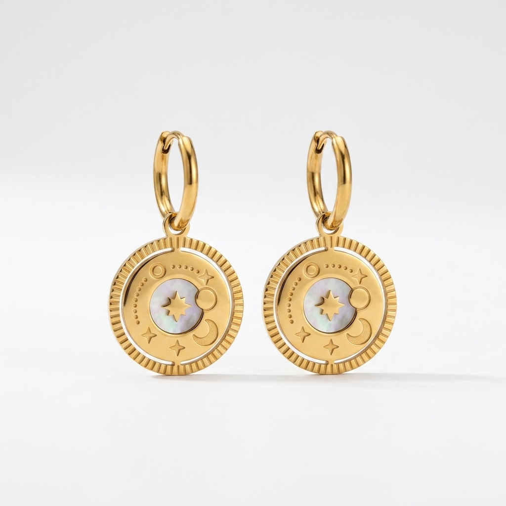 Gold Celestial Coin Medallion Drop Earrings with Mother-of-Pearl - Stainless Steel 316L