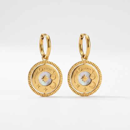 Gold Celestial Coin Medallion Drop Earrings with Mother-of-Pearl - Stainless Steel 316L
