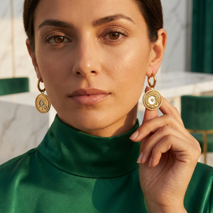 Gold Celestial Coin Medallion Drop Earrings with Mother-of-Pearl - Stainless Steel 316L