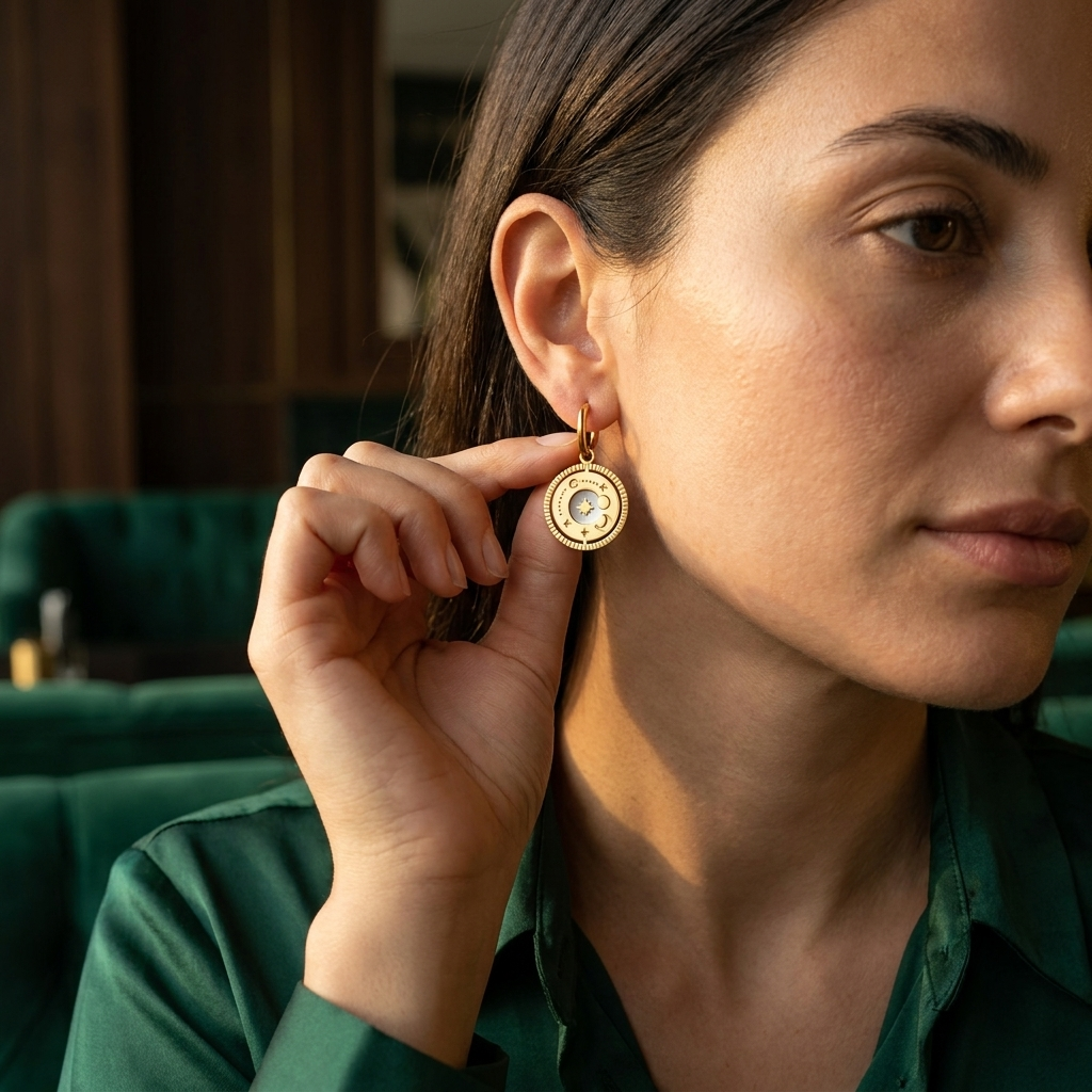 Gold Celestial Coin Medallion Drop Earrings with Mother-of-Pearl - Stainless Steel 316L