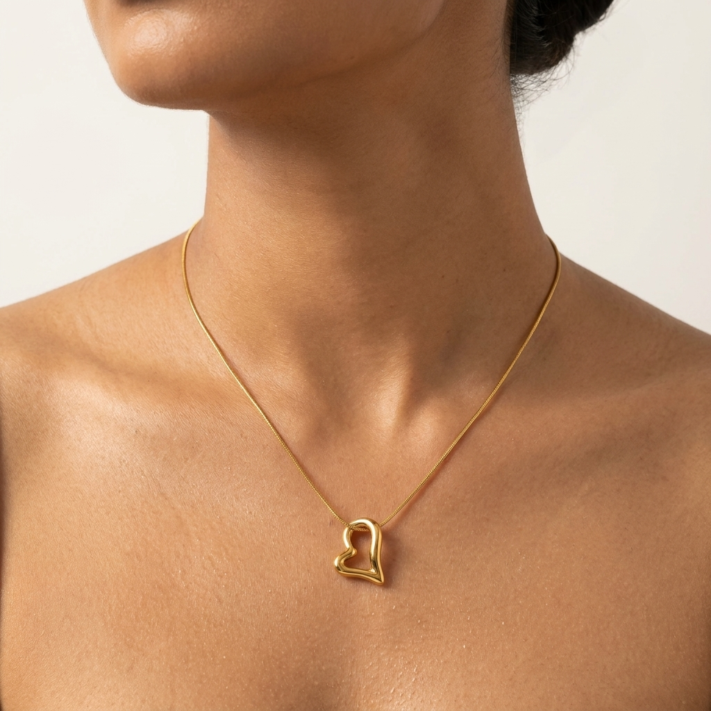 Gold Sculptural Open Heart Pendant Necklace - Stainless Steel 316L