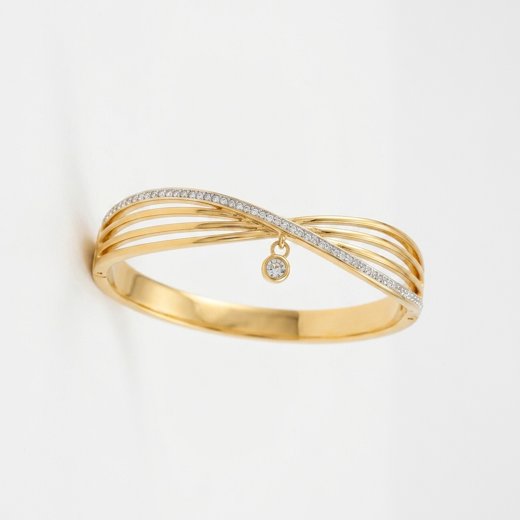 Crossover Wave Bangle Cuff with Dangle Charm - Stainless Steel 316L
