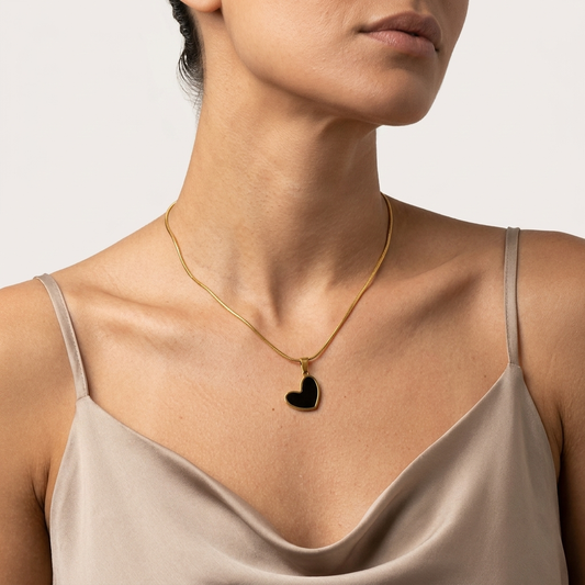Gold Black Enamel Heart Pendant Necklace - Stainless Steel 316L